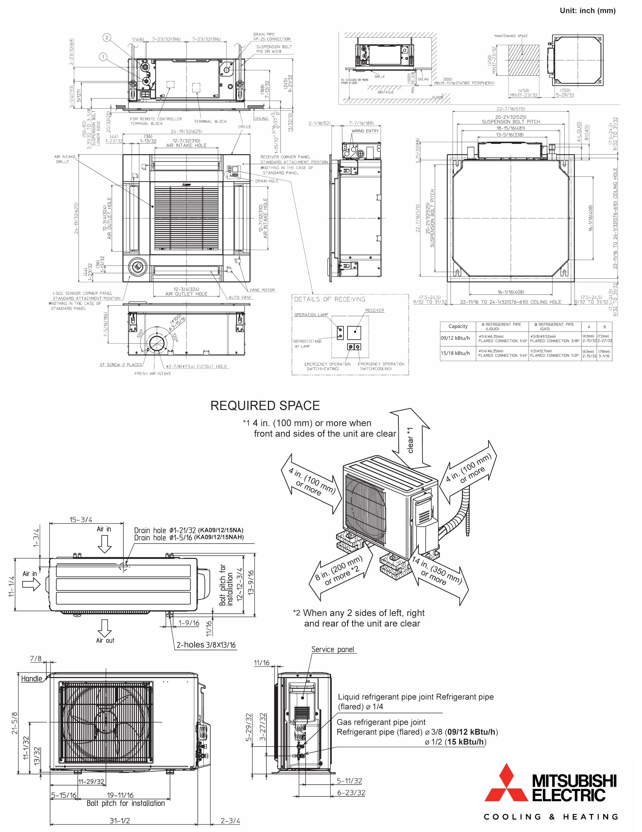 Mini Split 15,000 BTU Mitsubishi 19.8 SEER Ceiling Cassette Heat Pump System SUZ-KA15NA2, SLZ-KF15NA (F)